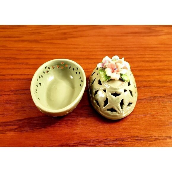 Vintage Lusterware Floral Easter Egg Shaped Porcelain Trinket Box with Lid - Picture 2 of 4
